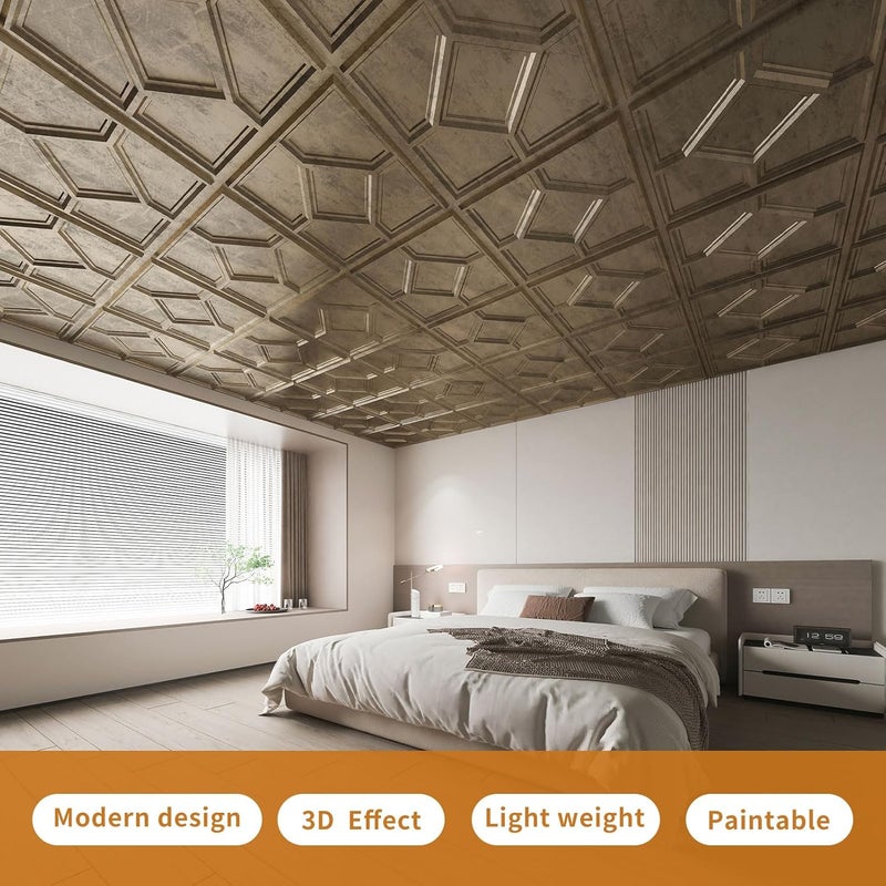 WOWSTAR 12-Pack 24"x24" Drop Ceiling Tiles, Waterproof Glue up Ceiling Panels, Cover 48 Sq. Ft, Antique Gold - Image 3